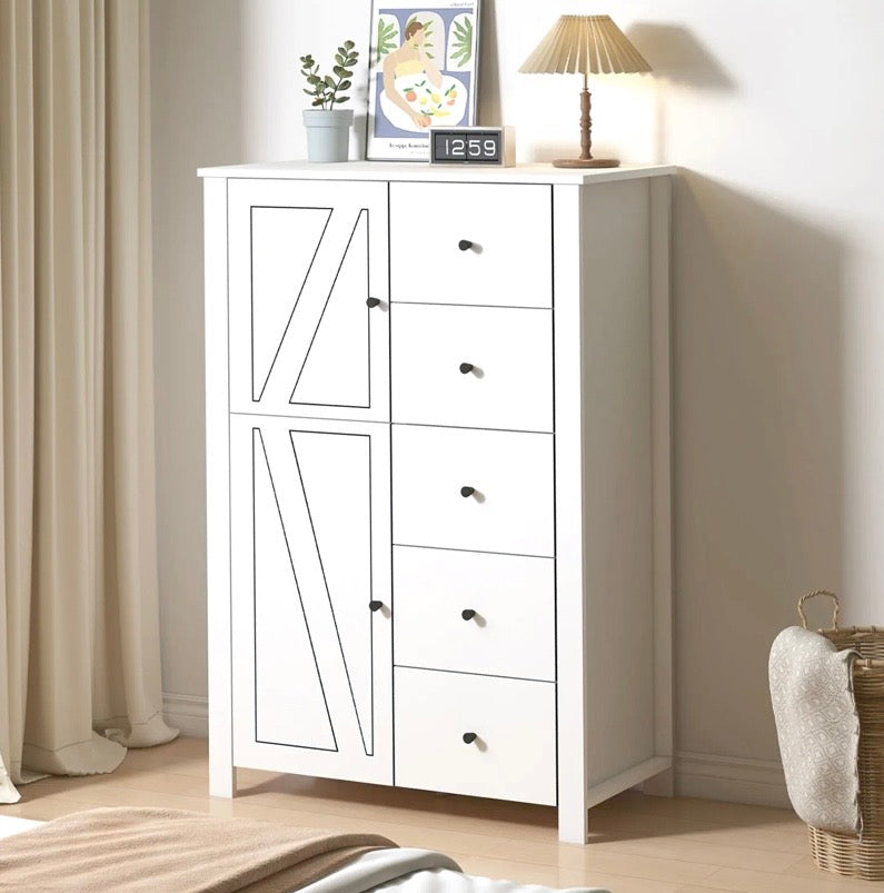 White storage cabinet with two doors and five drawers, side-front view