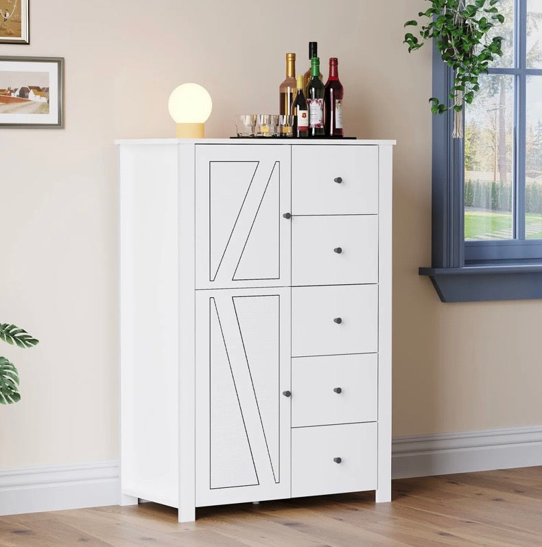 White cabinet with two doors and multiple drawers, front view with organized storage