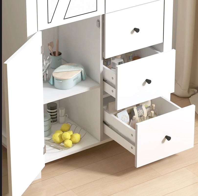 White storage cabinet with two open door compartments and drawers, visible interior
