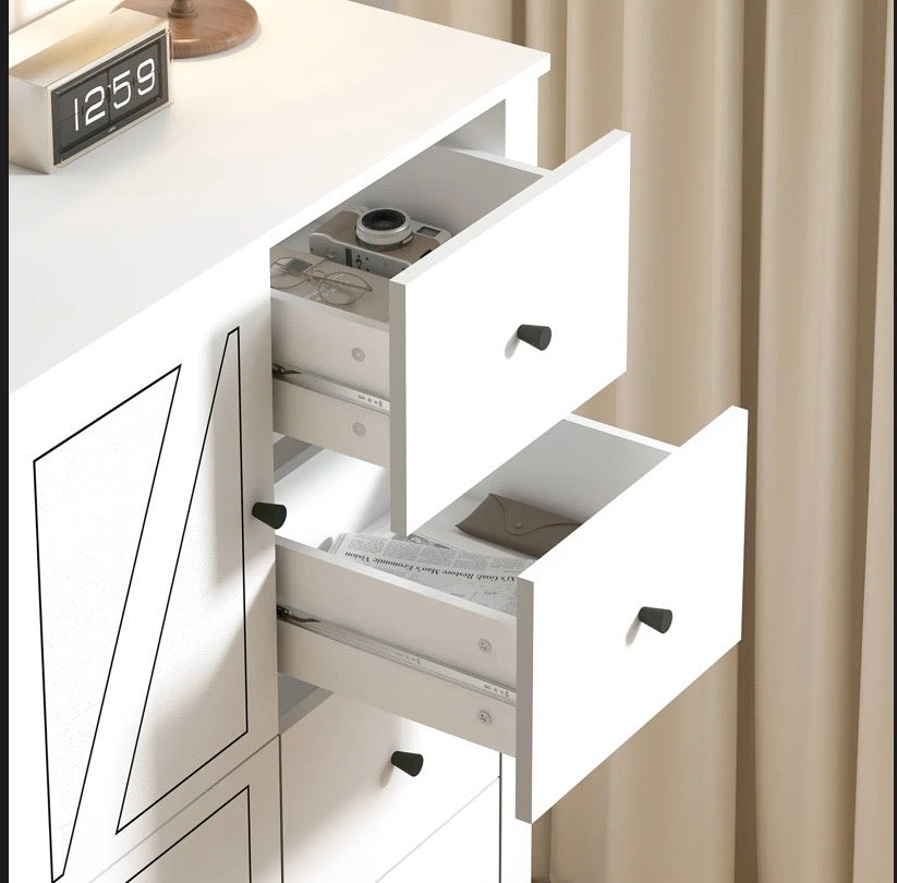 White cabinet corner view with cupboard door and drawers open for easy access