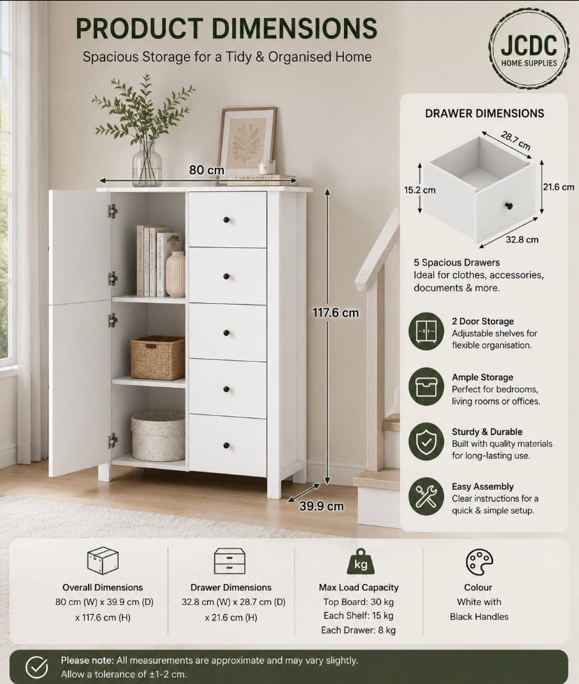 White storage cabinet diagram showing five drawers and two adjustable door shelves