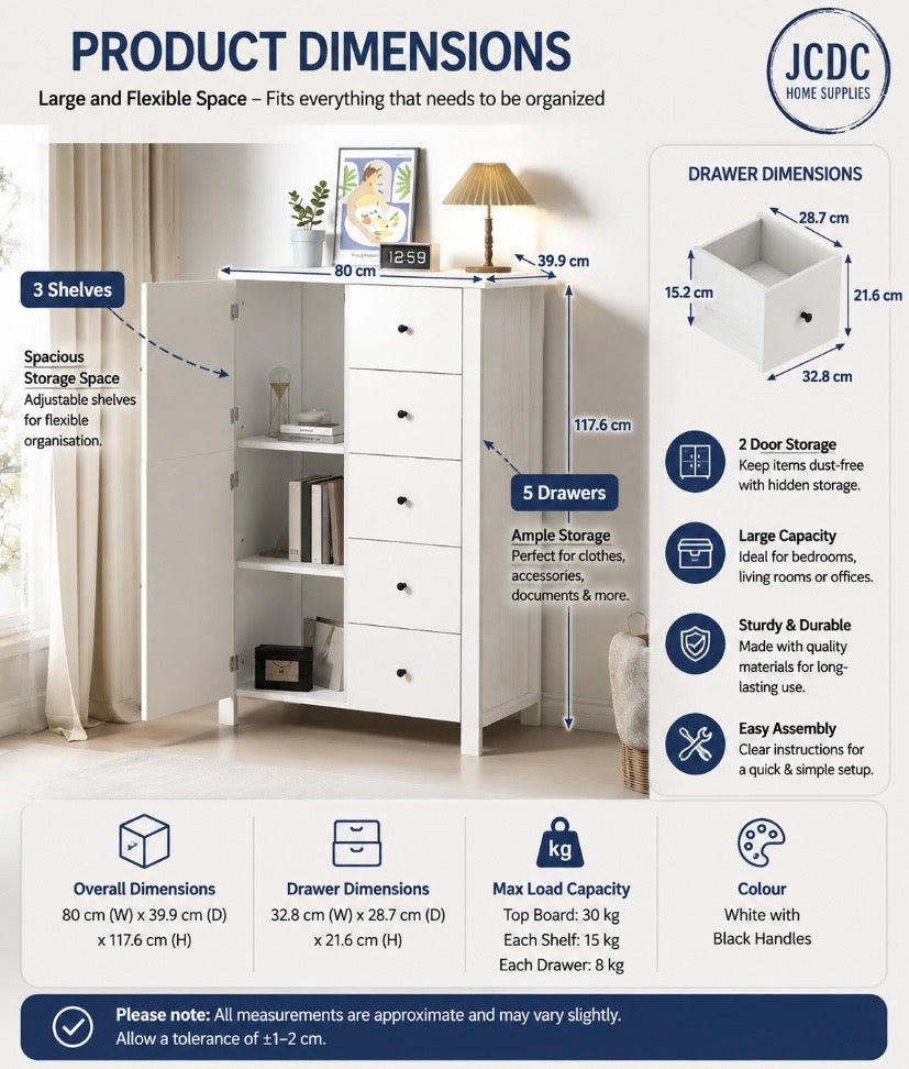 White storage cabinet with 5 drawers and 2 doors, plus 3 open shelves