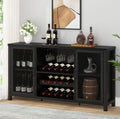 Black metal wine cabinet with mesh doors, open storage with bottle rack compartments