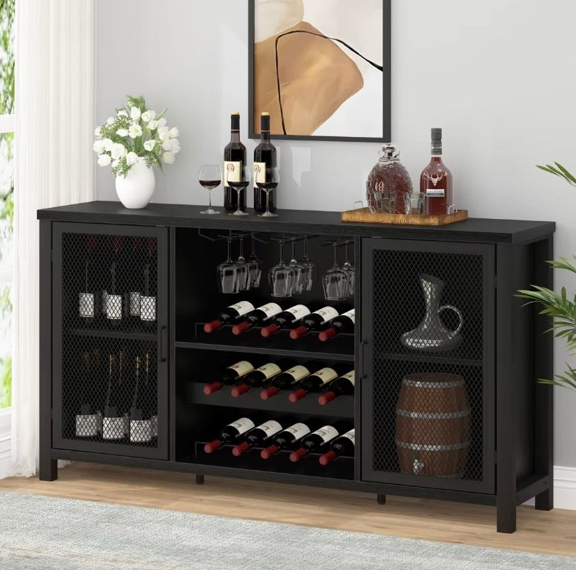 Black metal wine cabinet with mesh doors, open storage with bottle rack compartments
