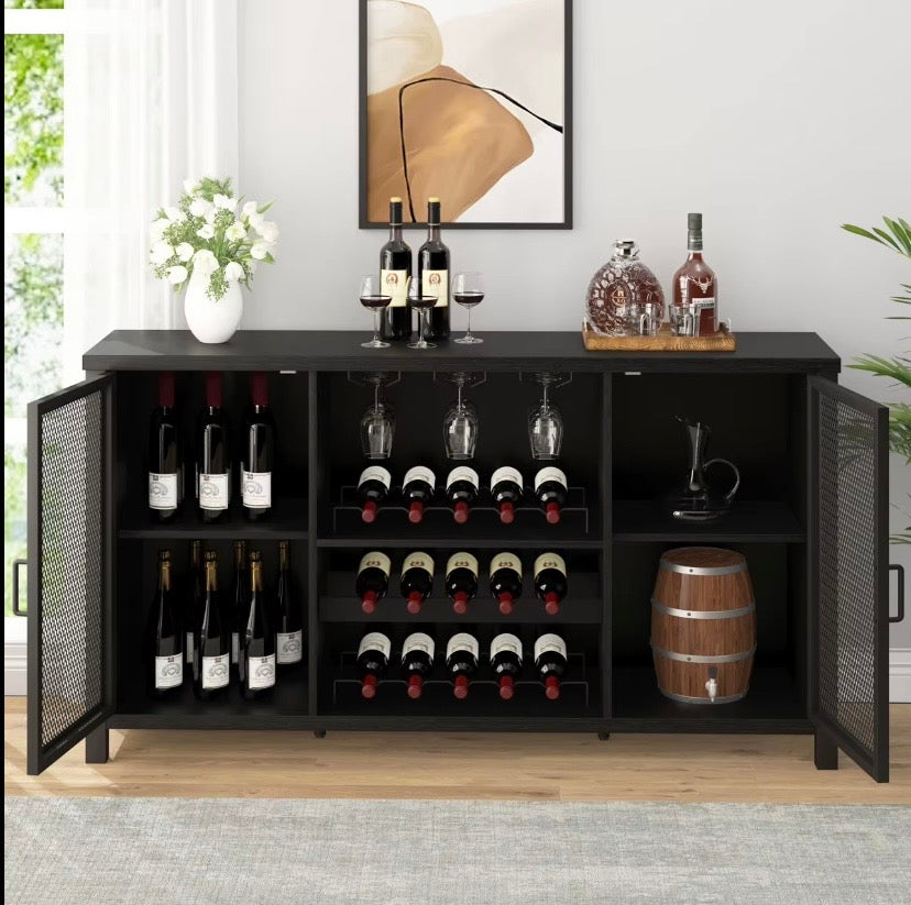 Black metal wine cabinet with mesh doors open, bottle rack shelves and drinking glasses