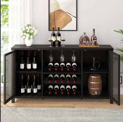 Black metal wine cabinet with mesh doors open, bottle rack shelves and drinking glasses
