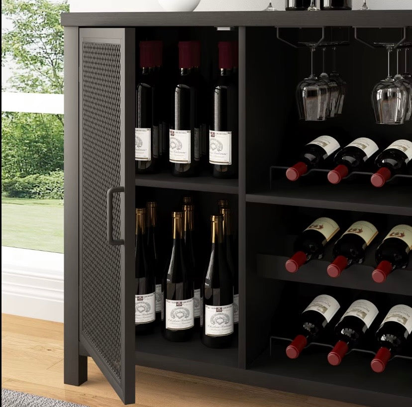 Black metal wine cabinet interior with bottles on shelves and mesh side door panel