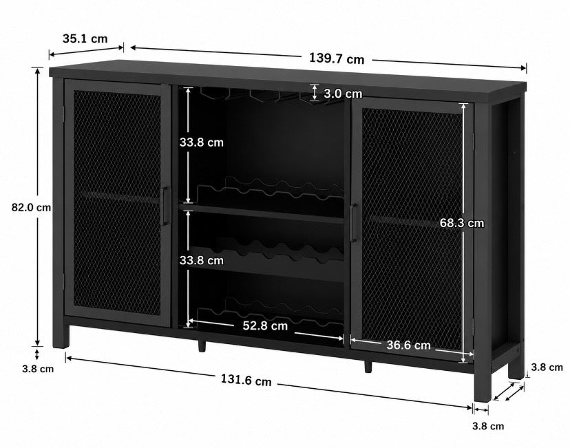 Black metal wine cabinet layout with mesh doors and labeled dimensions diagram