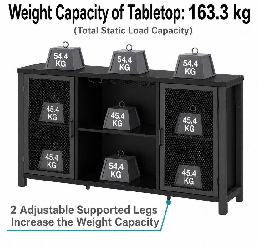 Black metal wine cabinet showing weight capacity and adjustable support legs diagram