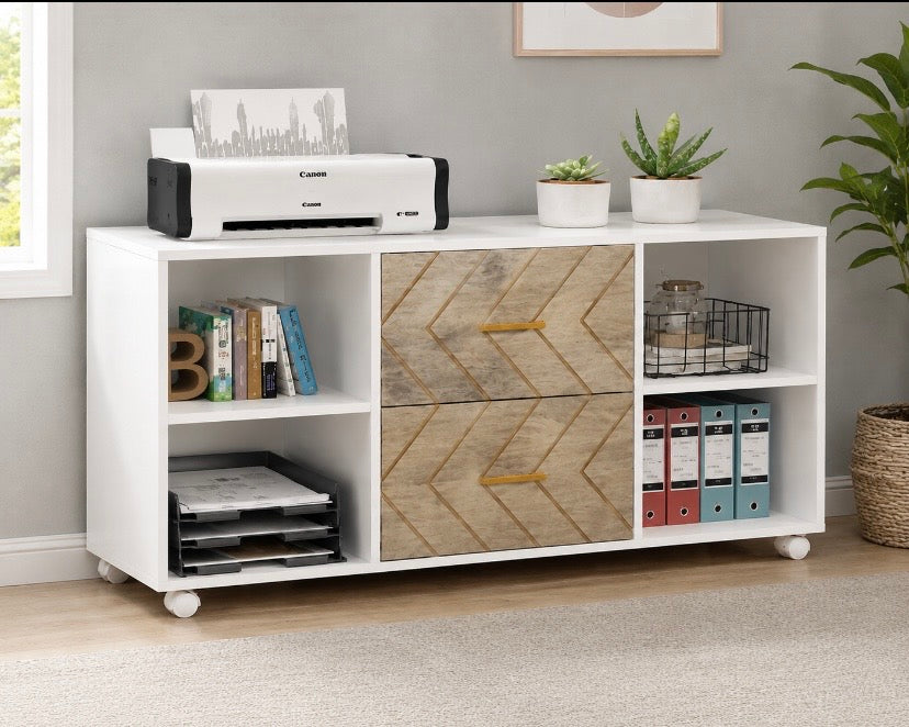 White storage sideboard with open shelves, geometric door panel, and built-in organizer space