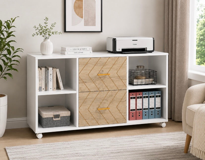 White sideboard with two open shelves, geometric center panel, and soft-close drawer storage