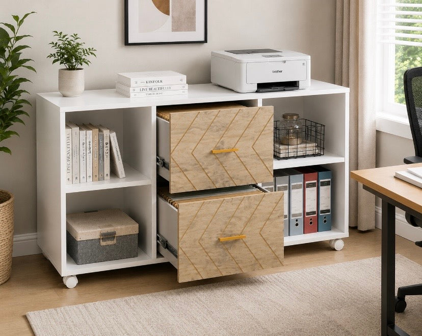 White storage sideboard with two drawers and open shelving, shown with side access doors