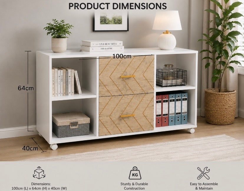 White storage sideboard with open shelving and labeled product dimensions diagram
