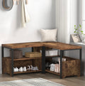 Industrial L-shaped shoe storage bench with dark brown wood top and black metal frame