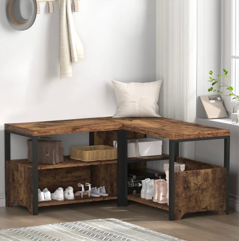 Industrial L-shaped shoe storage bench with dark brown wood top and black metal frame