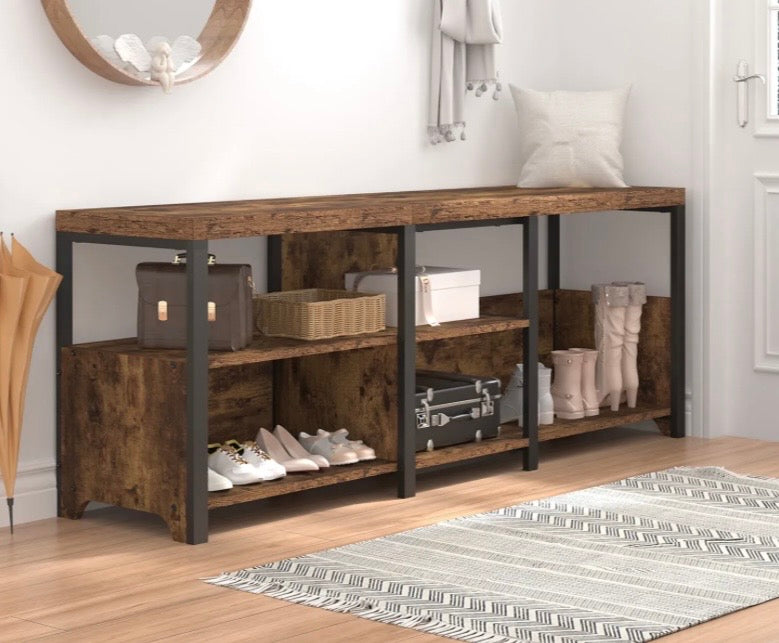 Industrial corner shoe rack bench with open cubbies, dark brown panels, and black frame
