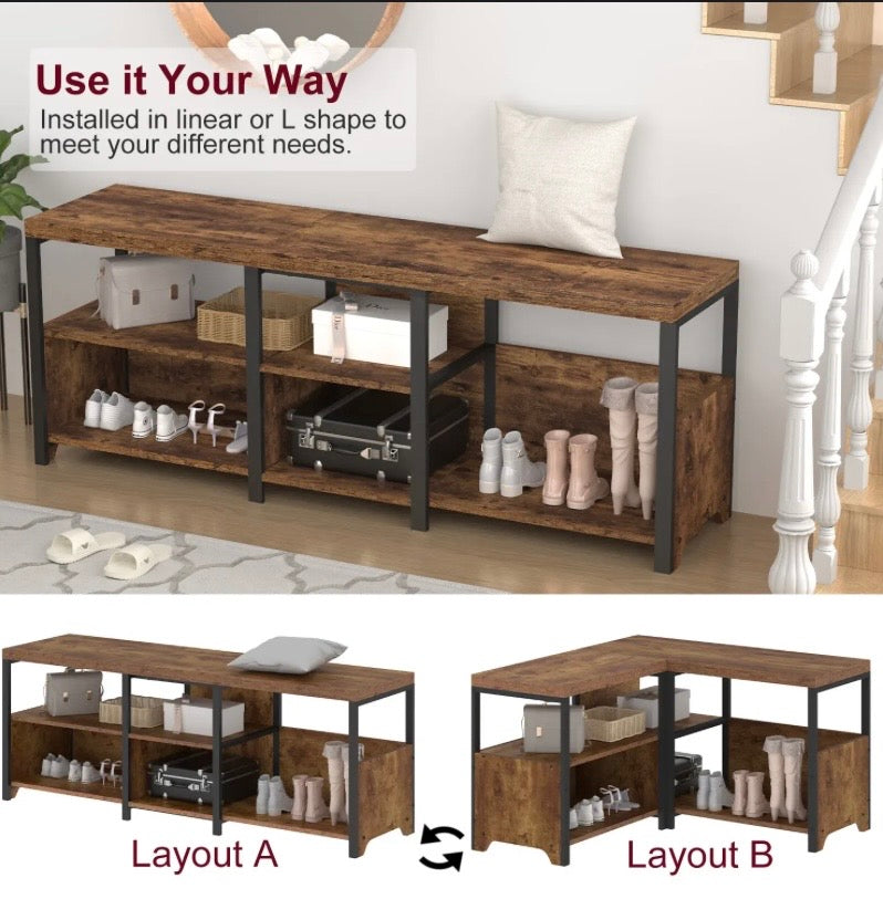 Rustic L-shaped shoe bench with five open storage cubes and black steel legs