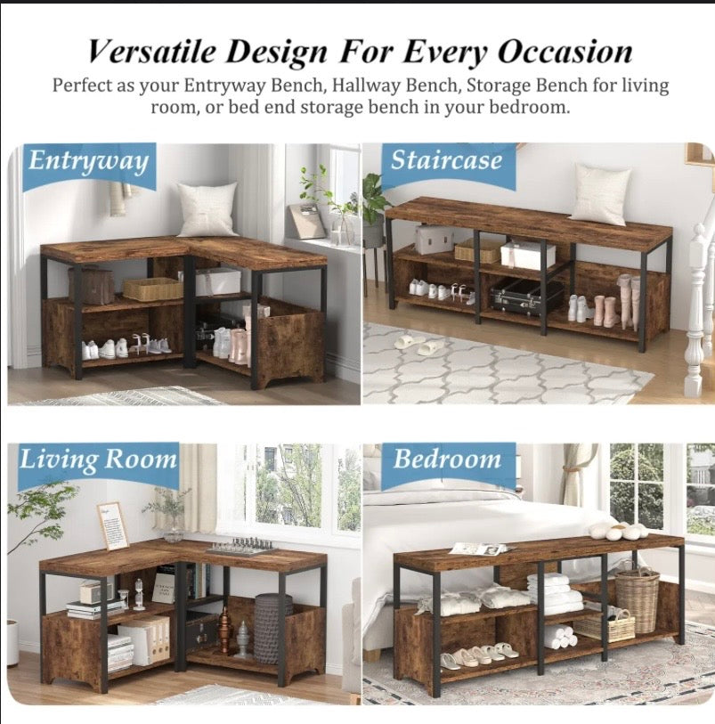 Shoe storage bench with open cubbies in dark brown wood and black metal frame