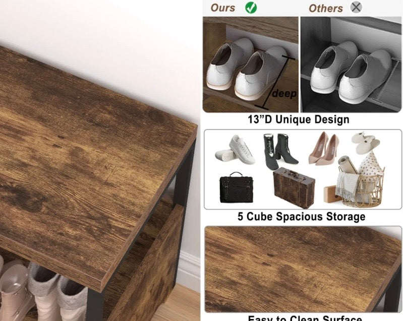 Dark brown wood shoe storage bench top with five cube compartments and black frame