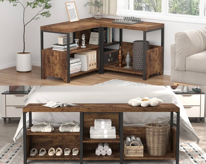 Rustic shoe storage bench with open cubbies under dark brown tabletop and black frame