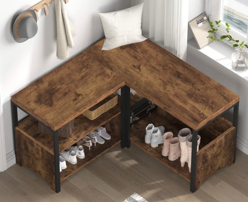 L-shaped shoe rack bench with dark brown boards, black supports, and open storage compartments