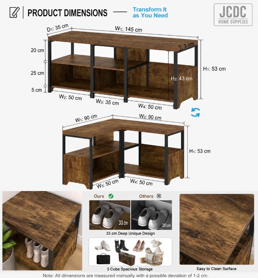 Shoe storage bench with dark brown top, black frame, and five-cube storage layout