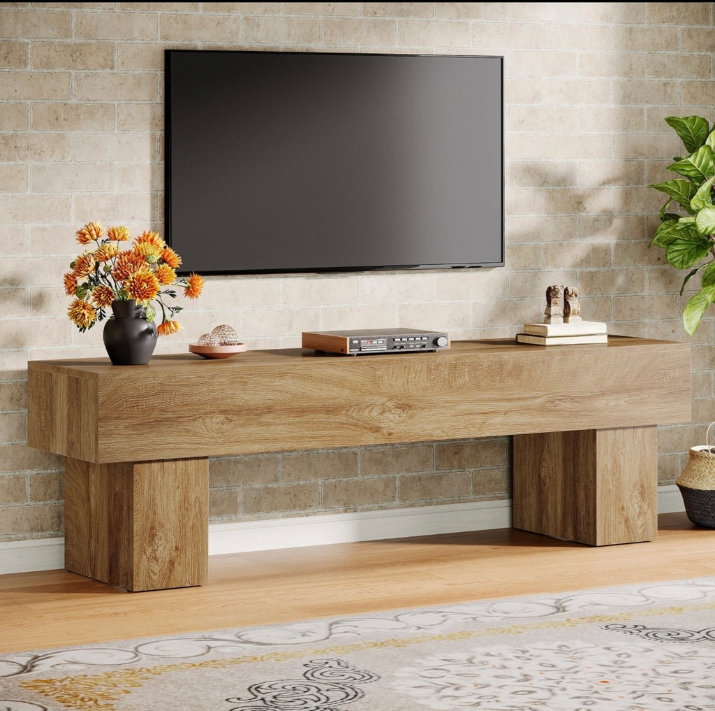 Wooden TV stand console table with wide top and thick legs, light oak finish