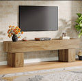Wooden TV stand console table with wide top and thick legs, light oak finish