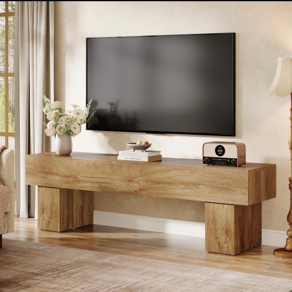 Wooden TV stand console table, light oak finish, centered TV and set-back legs