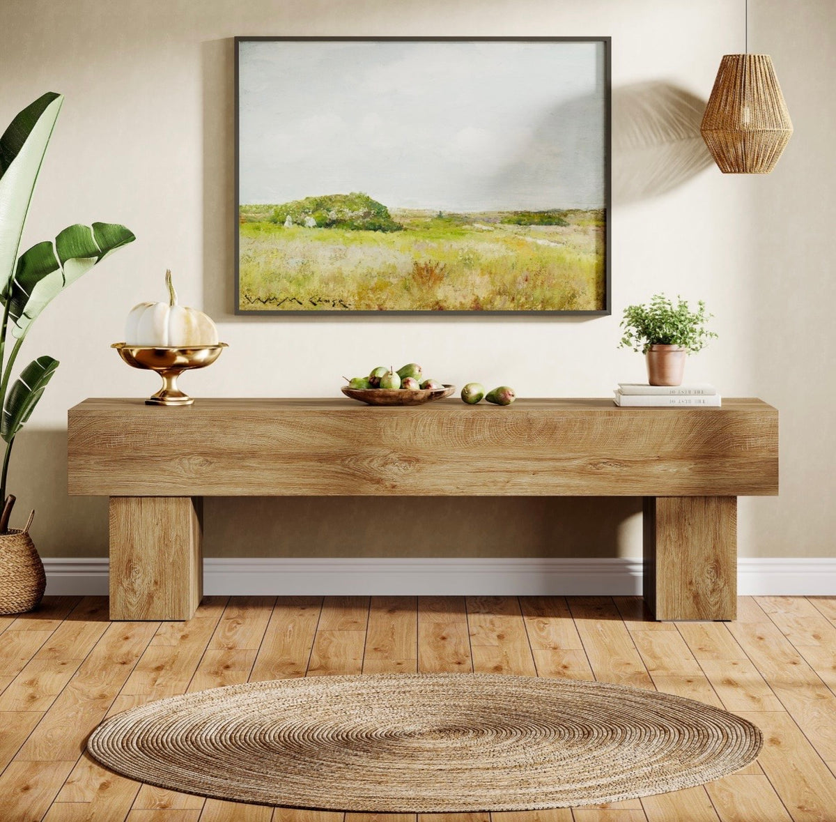 Light oak TV stand with wide tabletop and two block-style end supports, open center