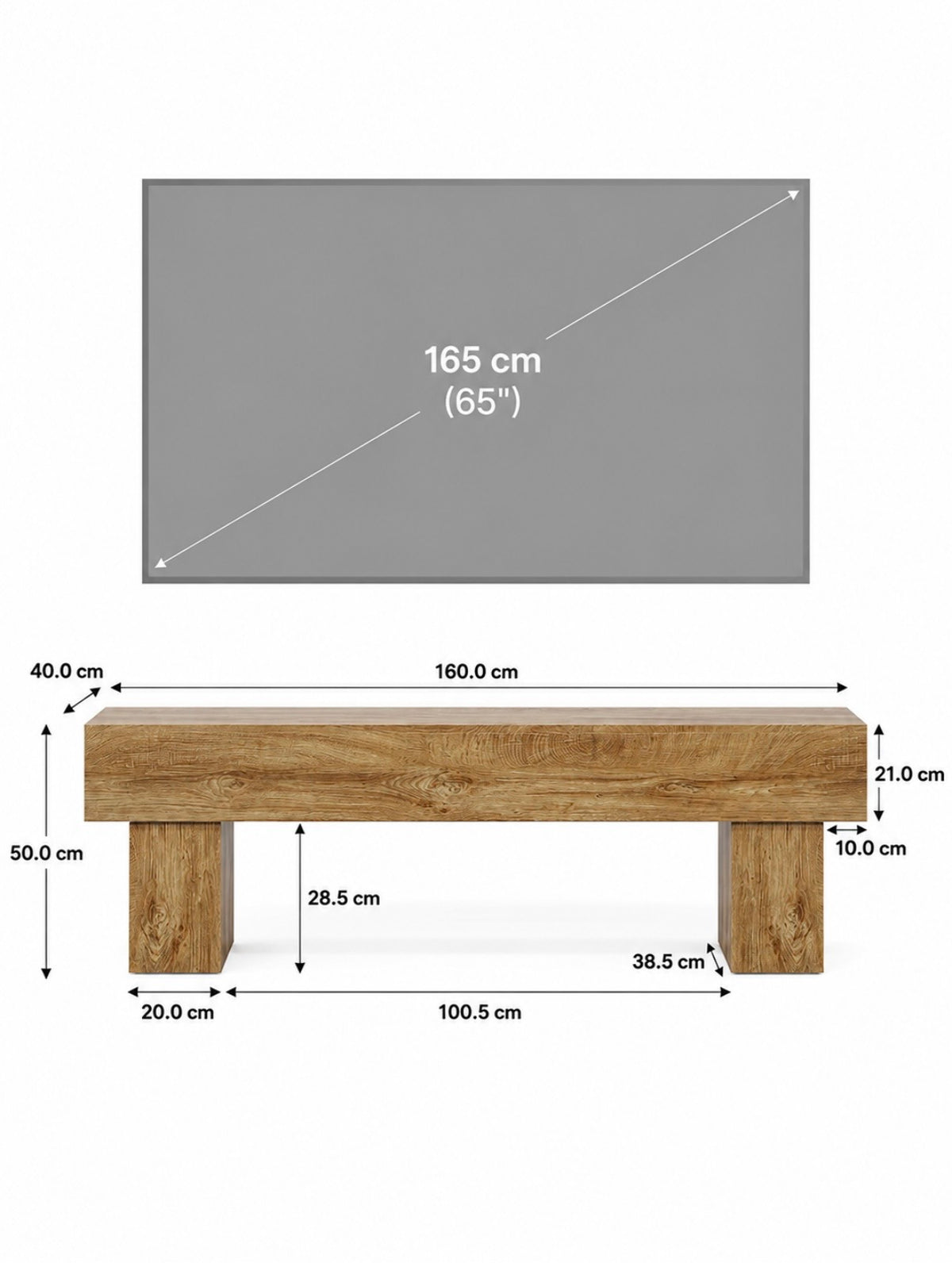 Wood TV stand size diagram: 160 cm wide top, 50 cm high, 21 cm deep