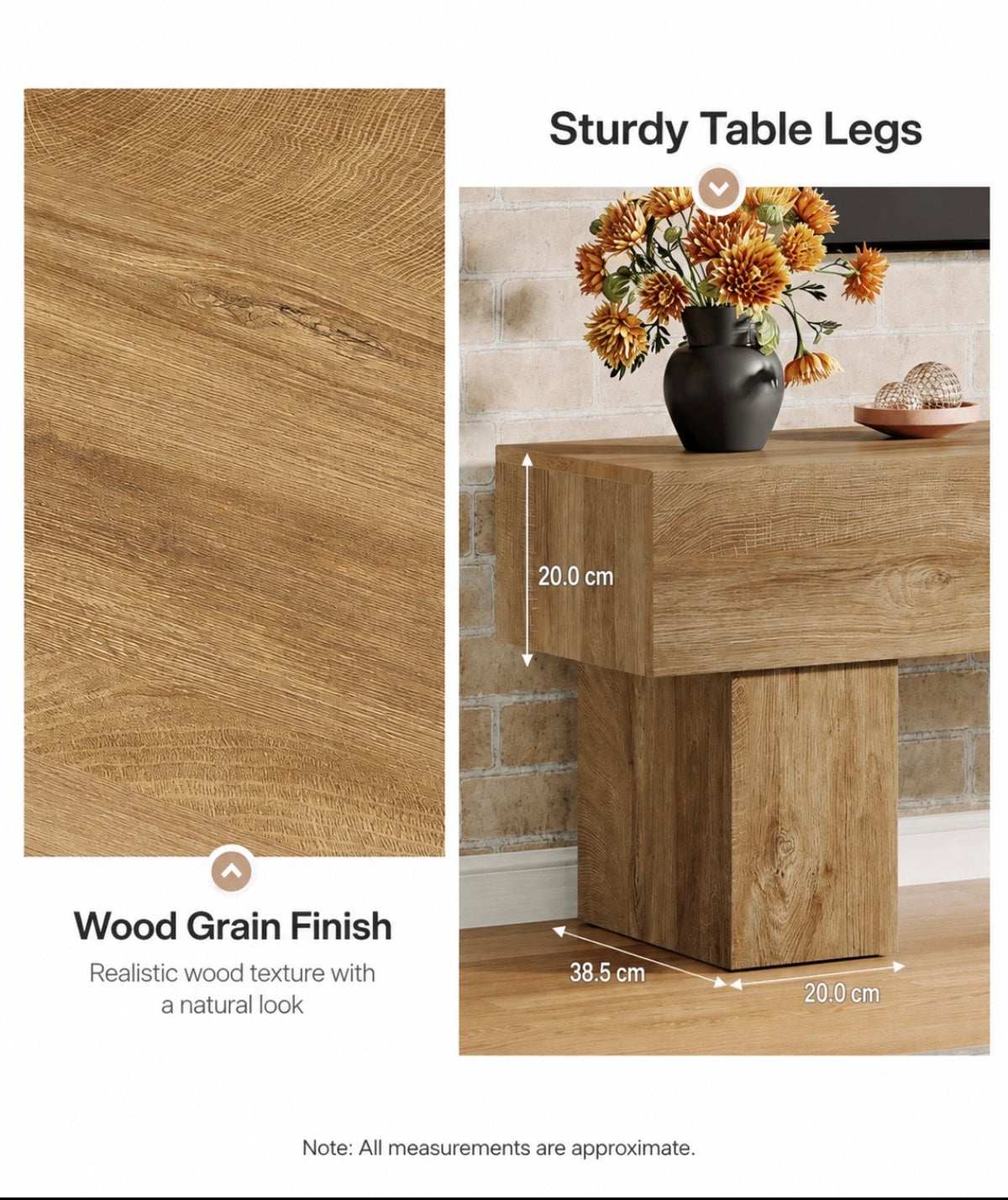 Wood grain finish close-up with corner leg showing 20 cm by 20 cm base