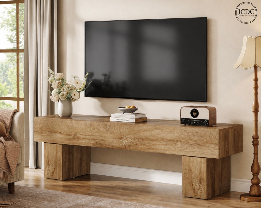 Light oak TV stand console table with wide top, block legs, and media shelf below