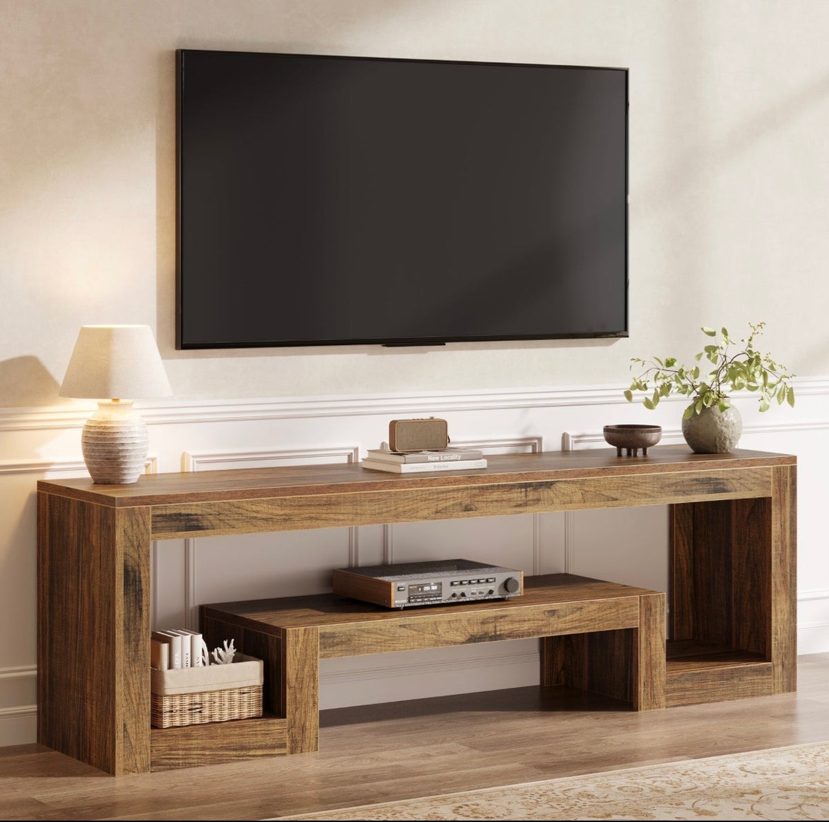 Rustic wood TV media console with two open shelves and center media shelf under TV