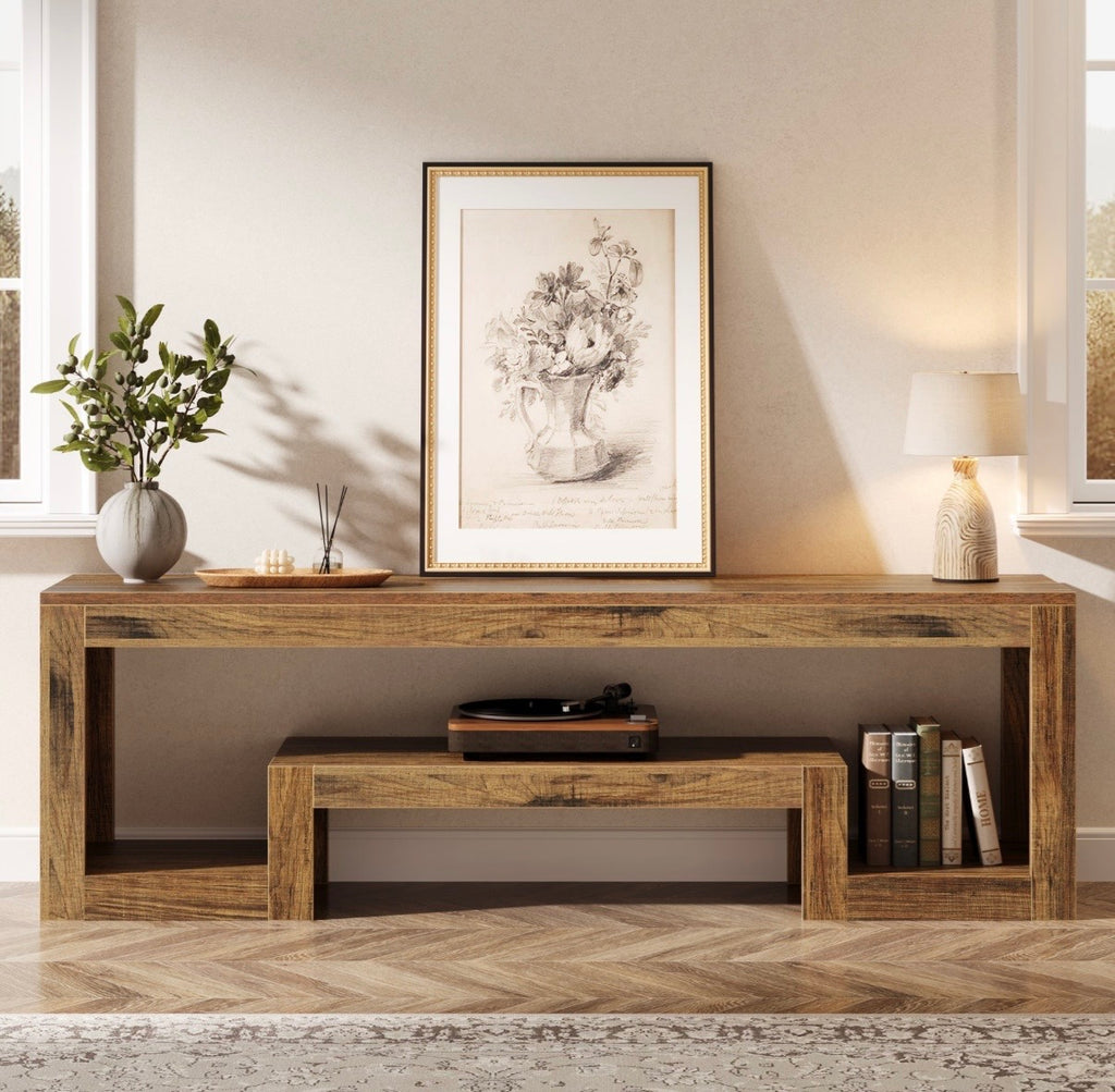 Rustic wood TV console with open center shelf and side cubbies for media storage