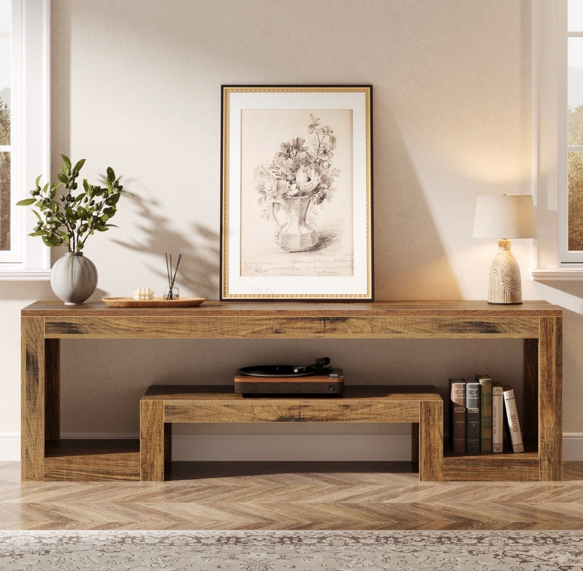 Rustic wood TV console with open center shelf and side cubbies for media storage
