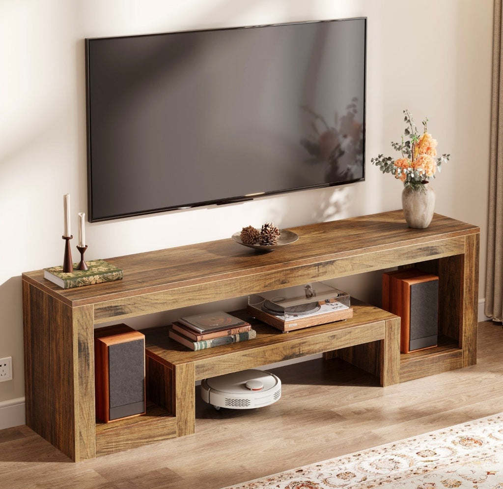 Rustic wood TV stand with wide top, open shelves, and built-in storage cubbies