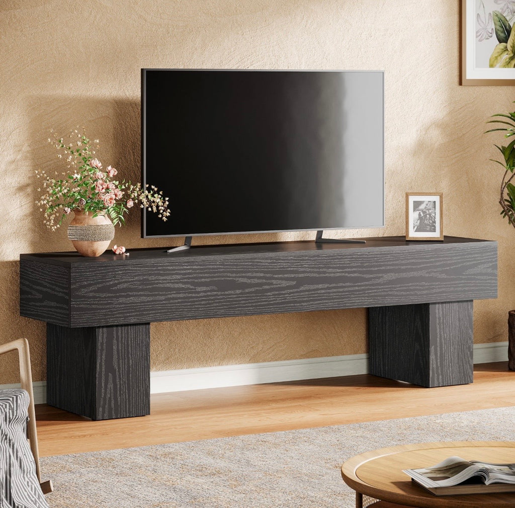 Dark wood TV stand bench with open console and angled block legs