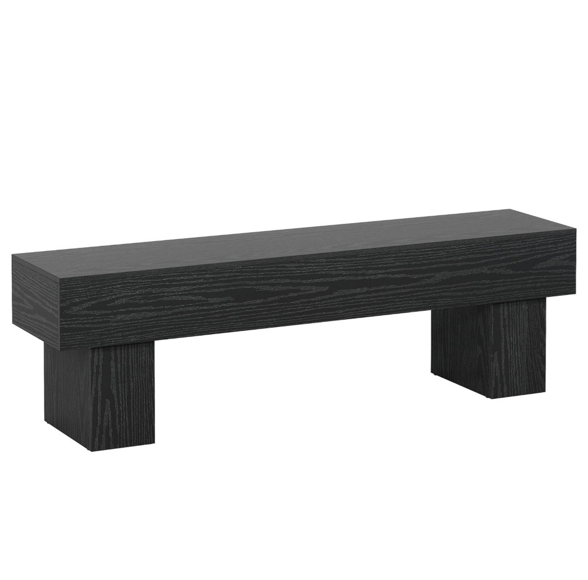 Black wood TV stand bench with flat top and sturdy block support legs