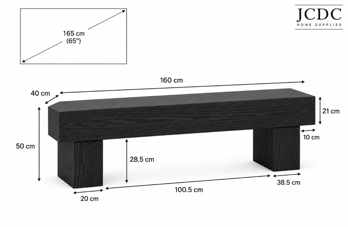 Wood TV console bench with dark finish shown with size dimensions