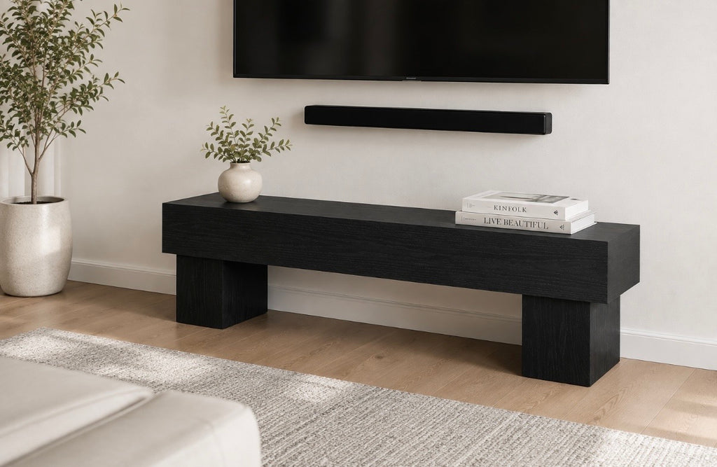 Dark wood media console bench with long top and squared block legs