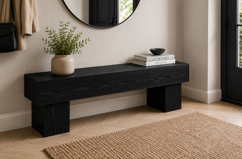 Black wood TV stand bench with textured grain top and side supports