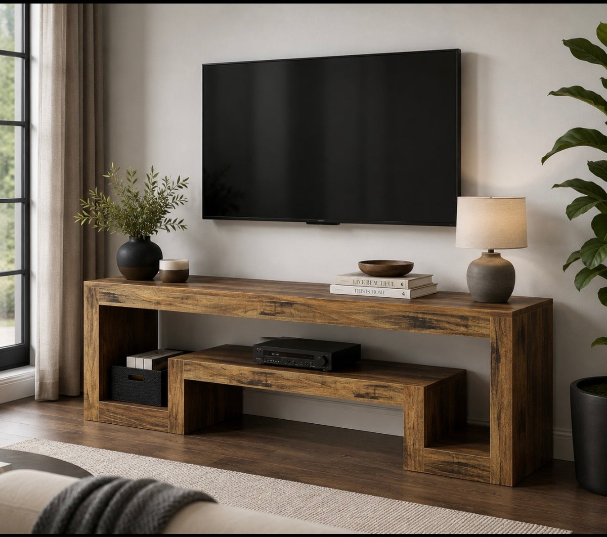 Rustic wood TV media console with open compartments and drawers for storage