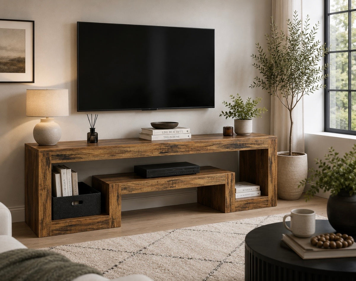 Rustic wood TV stand with open shelves and side drawers for media and accessories