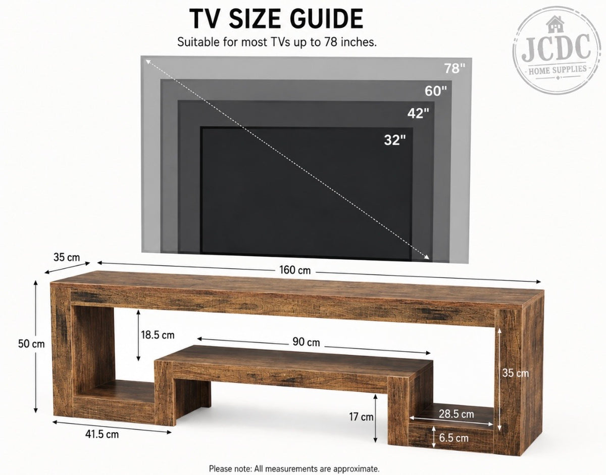 TV size guide graphic with dimensions in cm; suitable for TVs up to 78 inches
